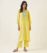 Maize yellow cotton embroidered a line kurta set