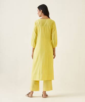 Maize yellow cotton embroidered a line kurta set 2