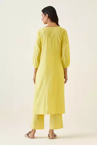 Maize yellow cotton embroidered a line kurta set