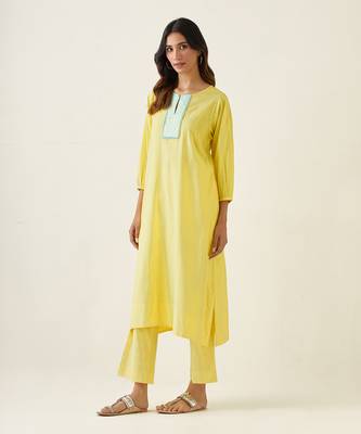 Maize yellow cotton embroidered a line kurta set 3