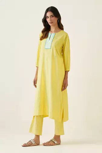 Maize yellow cotton embroidered a line kurta set