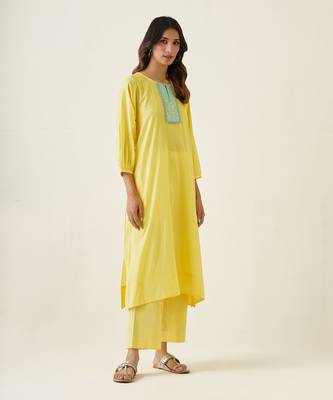 Maize yellow cotton embroidered a line kurta set 4