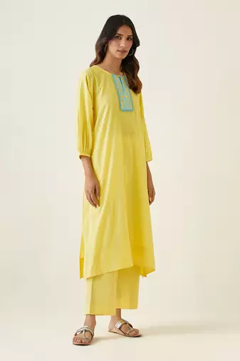Maize yellow cotton embroidered a line kurta set