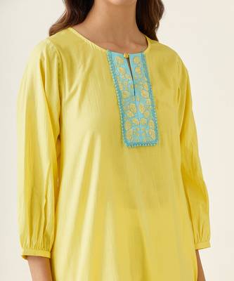 Maize yellow cotton embroidered a line kurta set 5