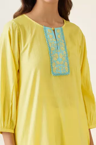 Maize yellow cotton embroidered a line kurta set
