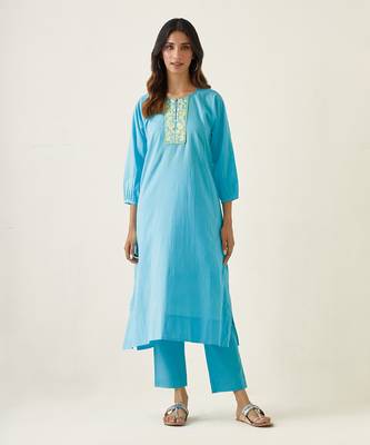 Pastel blue cotton embroidered a line kurta set 1