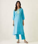 Pastel blue cotton embroidered a line kurta set