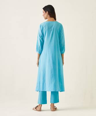 Pastel blue cotton embroidered a line kurta set 2