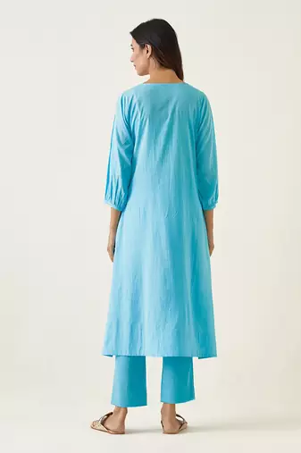 Pastel blue cotton embroidered a line kurta set