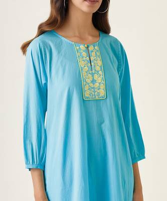 Pastel blue cotton embroidered a line kurta set 3