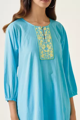 Pastel blue cotton embroidered a line kurta set