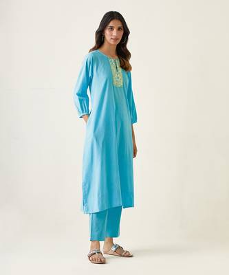 Pastel blue cotton embroidered a line kurta set 4