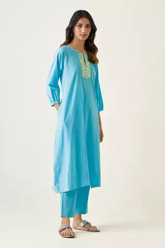 Pastel blue cotton embroidered a line kurta set