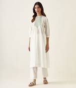 Off white cotton embroidered pin tucks kurta set