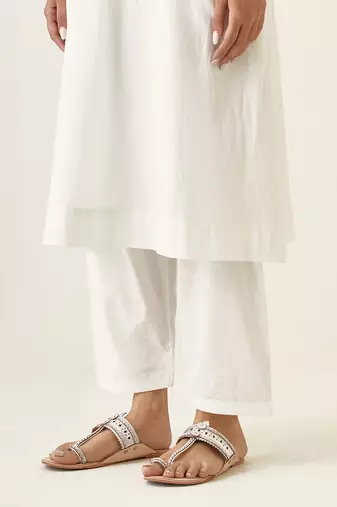 Off white cotton embroidered pin tucks kurta set