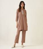 Taupe cotton embroidered kurta set