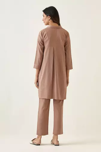 Taupe cotton embroidered kurta set