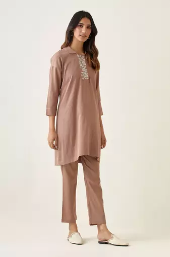 Taupe cotton embroidered kurta set