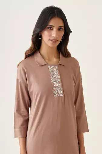 Taupe cotton embroidered kurta set