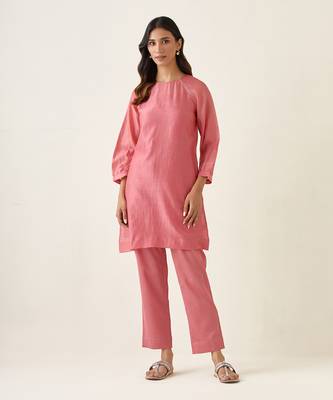 Rose pink a line chanderi handloom kurta set 1