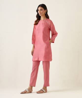Rose pink a line chanderi handloom kurta set 2