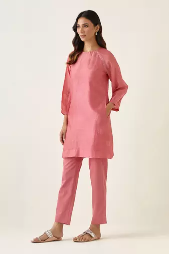 Rose pink a line chanderi handloom kurta set