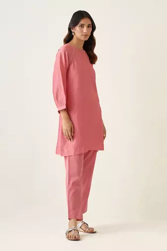 Rose pink a line chanderi handloom kurta set