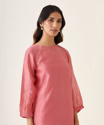 Rose pink a line chanderi handloom kurta set 4