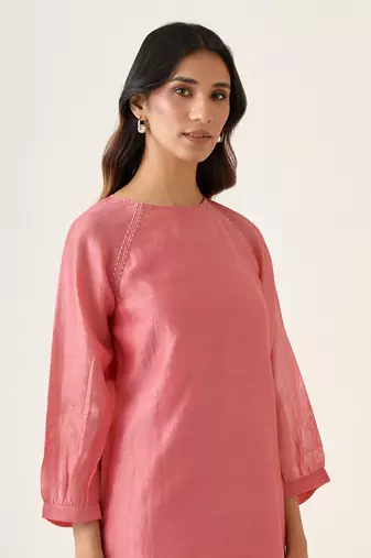Rose pink a line chanderi handloom kurta set