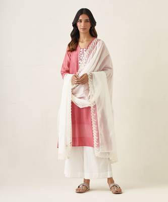 Rose pink chanderi handloom embroidered kalidar kurta set 1
