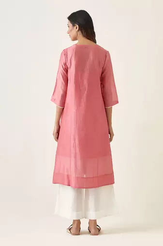 Rose pink chanderi handloom embroidered kalidar kurta set
