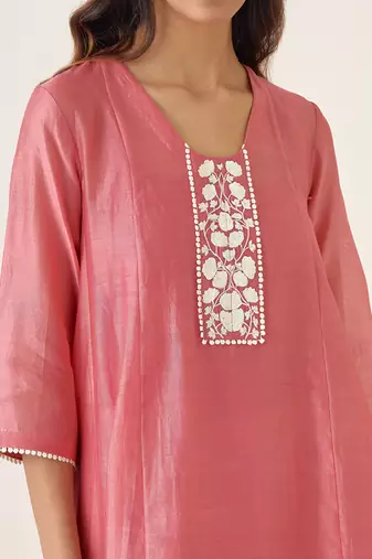 Rose pink chanderi handloom embroidered kalidar kurta set