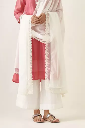 Rose pink chanderi handloom embroidered kalidar kurta set