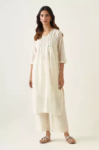 Off white & lime yellow kurta set