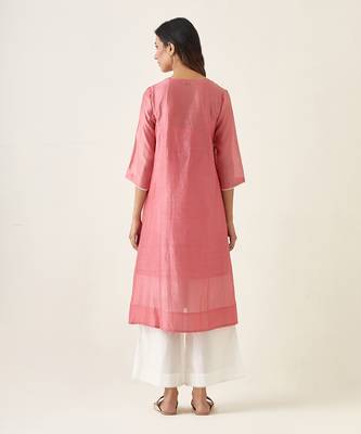 Rose pink embroidered a line chanderi kurta set 5