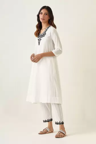 White cotton embroidered a line paneled kurta set