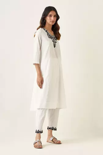 White cotton embroidered a line paneled kurta set