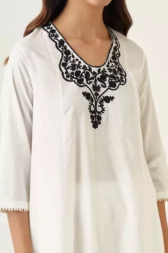 White cotton embroidered a line paneled kurta set