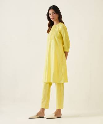 Maize yellow cotton a line pin tuck kurta set 3