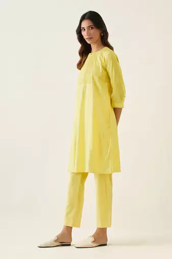 Maize yellow cotton a line pin tuck kurta set
