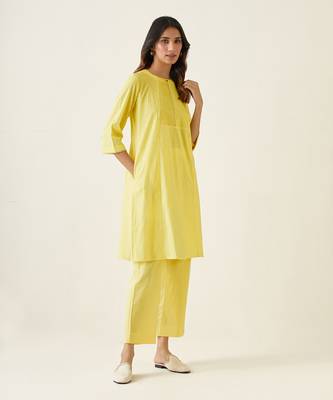 Maize yellow cotton a line pin tuck kurta set 4
