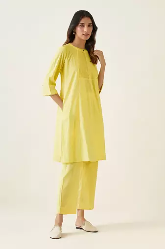 Maize yellow cotton a line pin tuck kurta set