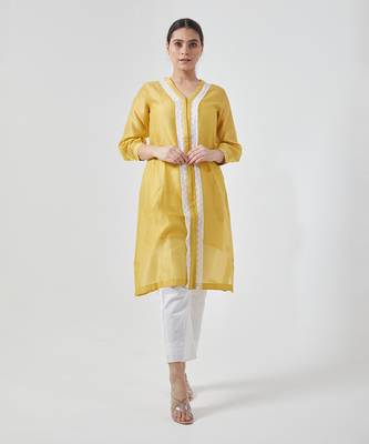 Canary yellow chanderi handloom kurta set 1