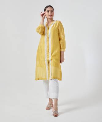 Canary yellow chanderi handloom kurta set 2