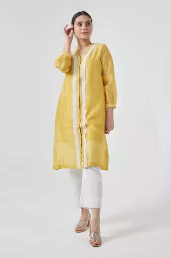 Canary yellow chanderi handloom kurta set