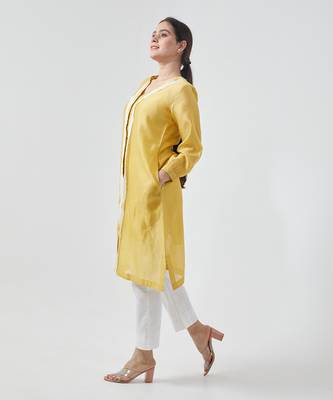 Canary yellow chanderi handloom kurta set 4