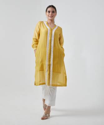 Canary yellow chanderi handloom kurta set 5