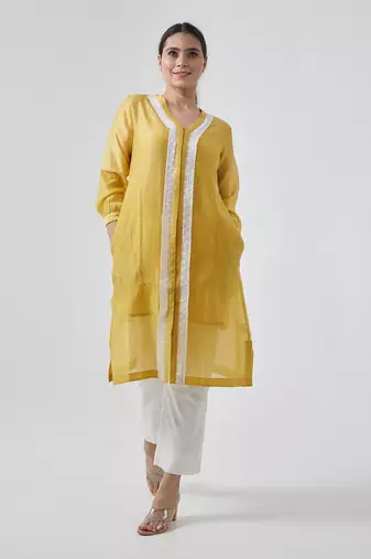 Canary yellow chanderi handloom kurta set