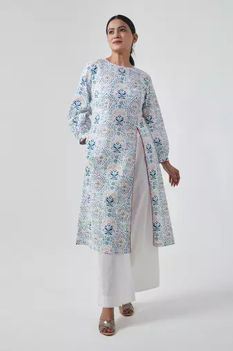 Aqua blue high slit kurta set