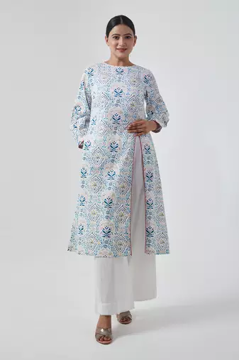 Aqua blue high slit kurta set